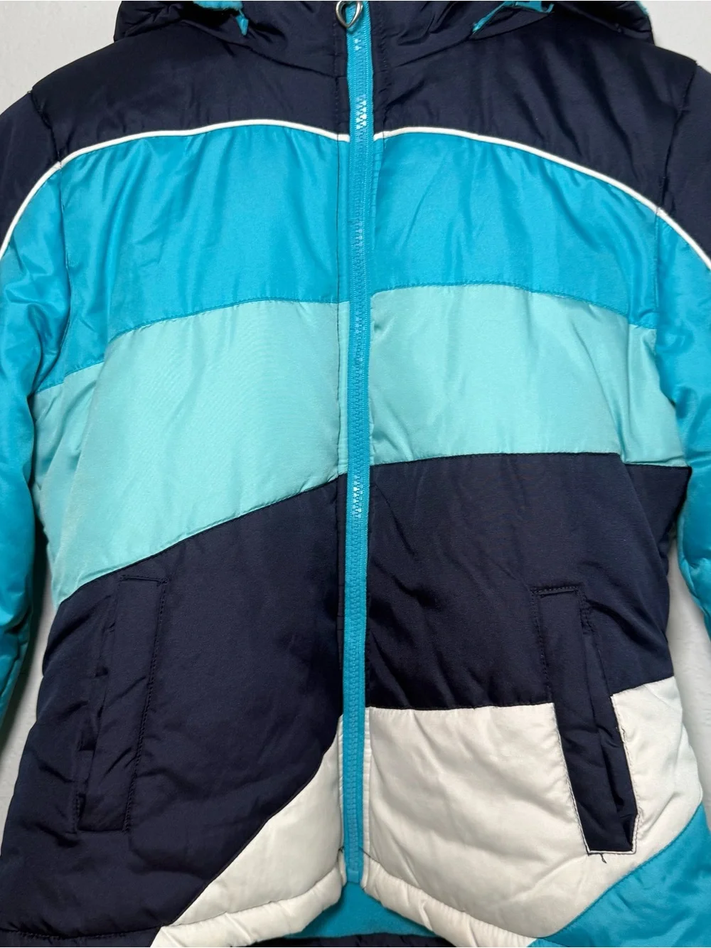 Rothschild Girls 10/12 Winter Puffer Ski Jacket Blue Colorblock Removable Hood